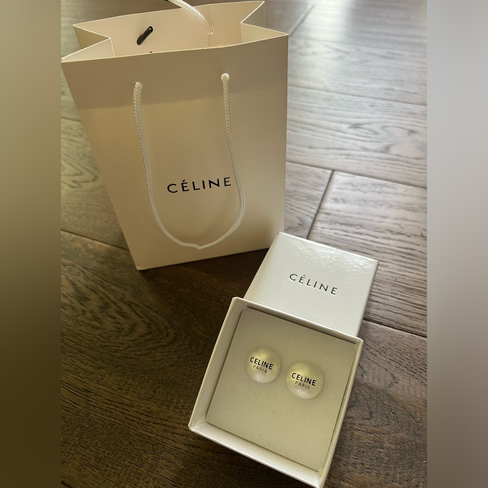 Celine White Gold Logo Button Earrings